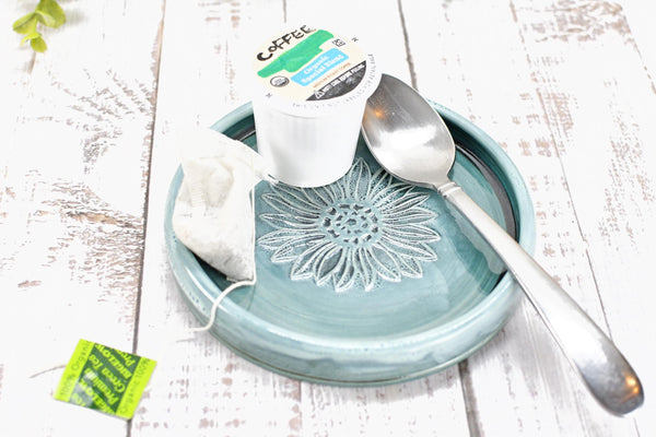 Sunflower Ceramic Spoon Rest, Blue Black Handmade Pottery for Stovetop, Wine Bottle Drip Dish Dining Table - Housewarming Christmas Gift