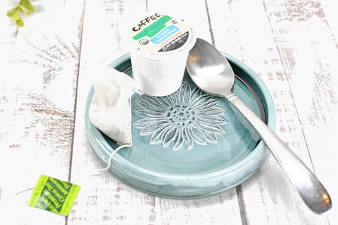 Sunflower Ceramic Spoon Rest, Blue Black Handmade Pottery for Stovetop, Wine Bottle Drip Dish Dining Table - Housewarming Christmas Gift
