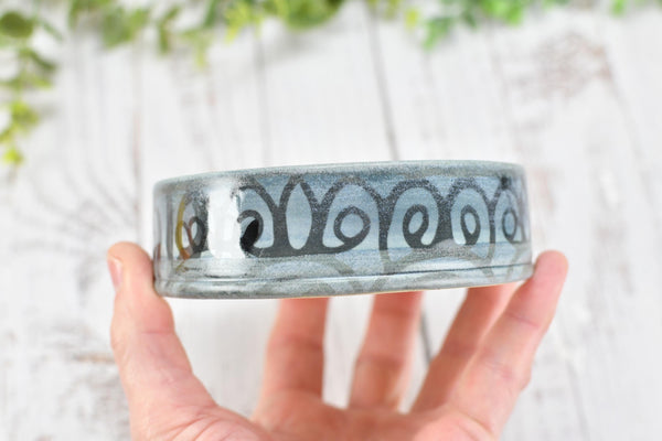 Ceramic Wine Bottle Drip Dish, Blue Black Striped Handmade Pottery for Stove Top Spoon Rest, Dining Table Bowl - Housewarming Christmas Gift