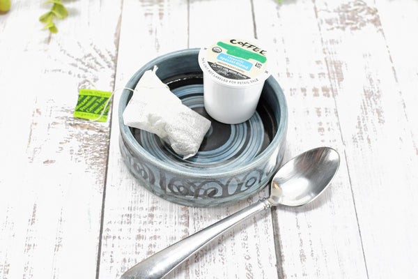 Ceramic Wine Bottle Drip Dish, Blue Black Striped Handmade Pottery for Stove Top Spoon Rest, Dining Table Bowl - Housewarming Christmas Gift