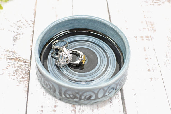 Ceramic Wine Bottle Drip Dish, Blue Black Striped Handmade Pottery for Stove Top Spoon Rest, Dining Table Bowl - Housewarming Christmas Gift