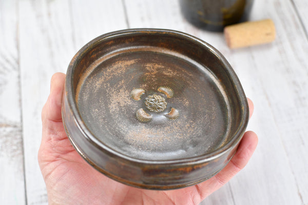 Copper Ceramic Wine Bottle Drip Bowl Handmade Stoneware Pottery Stove Top Spoon Rest Countertop Coffee Bar Rustic Southwest Soap Dish Decor