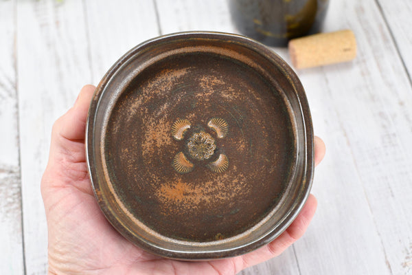 Copper Ceramic Wine Bottle Drip Bowl Handmade Stoneware Pottery Stove Top Spoon Rest Countertop Coffee Bar Rustic Southwest Soap Dish Decor