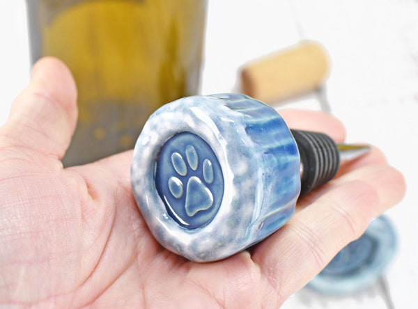 Wine Bottle Stopper, Hummingbird Ceramic Handmade Pottery Barware Unique Gift Birthday, Paw Print Pet Lover, Housewarming Coworker Christmas