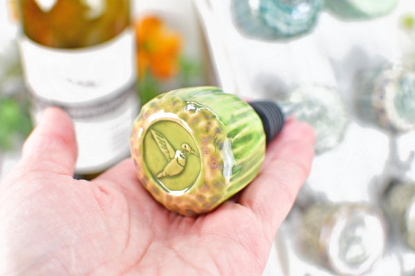Wine Bottle Stopper, Hummingbird Ceramic Handmade Pottery Barware Unique Gift Birthday, Paw Print Pet Lover, Housewarming Coworker Christmas