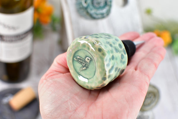 Wine Bottle Stopper, Hummingbird Ceramic Handmade Pottery Barware Unique Gift Birthday, Paw Print Pet Lover, Housewarming Coworker Christmas