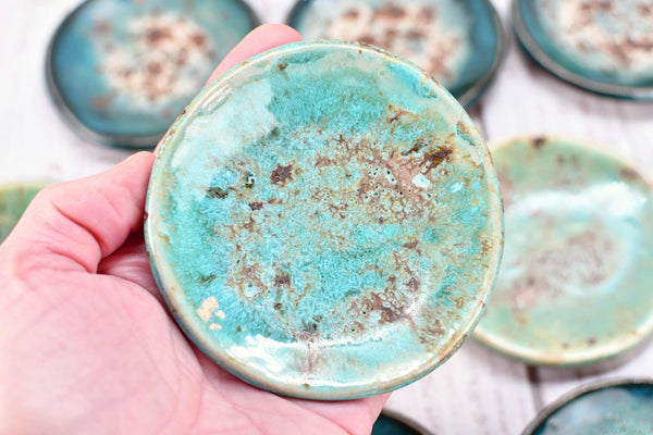 Turquoise Ceramic Small Coffee Spoon Rest, Blue Green Rustic Handmade Small Pottery for Housewarming Birthday Coworker Christmas Gift