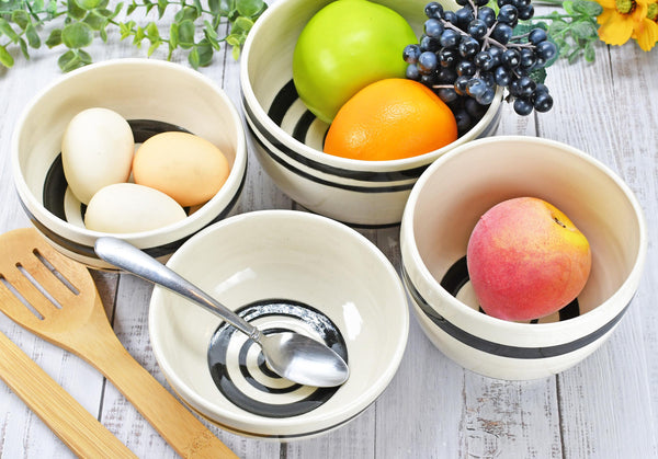 Ceramic Pottery Bowl Handmade Black White Stripe Stoneware Medium Dish Serving Dining Fruit Salad Cereal Yogurt Soup Dip Snacks, Per Each