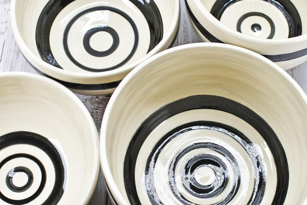 Ceramic Pottery Bowl Handmade Black White Stripe Stoneware Medium Dish Serving Dining Fruit Salad Cereal Yogurt Soup Dip Snacks, Per Each