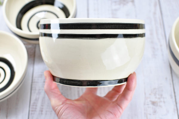 Ceramic Pottery Bowl Handmade Black White Stripe Stoneware Medium Dish Serving Dining Fruit Salad Cereal Yogurt Soup Dip Snacks, Per Each