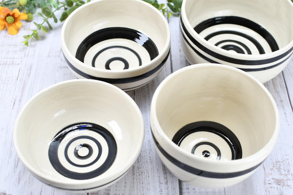 Ceramic Pottery Bowl Handmade Black White Stripe Stoneware Medium Dish Serving Dining Fruit Salad Cereal Yogurt Soup Dip Snacks, Per Each