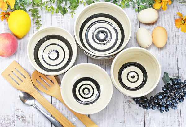 Ceramic Pottery Bowl Handmade Black White Stripe Stoneware Medium Dish Serving Dining Fruit Salad Cereal Yogurt Soup Dip Snacks, Per Each