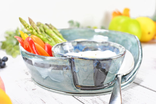 Chip Dip Ceramic Pottery Handmade Bowl, Sage Blue Black Snack Dish, Stoneware Charcuterie Party Serving Dining, Unique Housewarming Gift