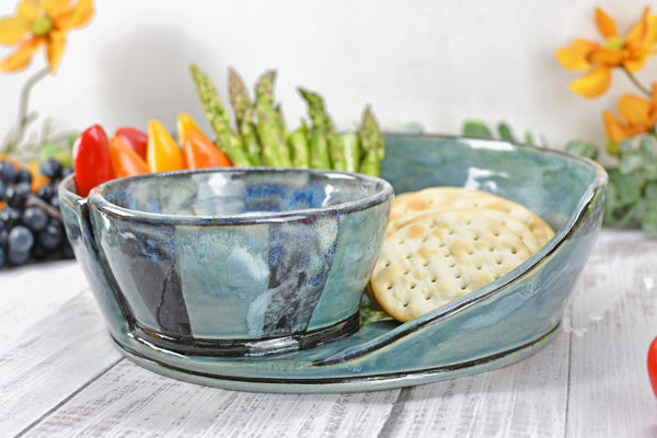 Chip Dip Ceramic Pottery Handmade Bowl, Sage Blue Black Snack Dish, Stoneware Charcuterie Party Serving Dining, Unique Housewarming Gift