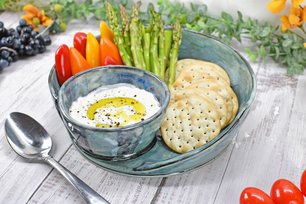 Chip Dip Ceramic Pottery Handmade Bowl, Sage Blue Black Snack Dish, Stoneware Charcuterie Party Serving Dining, Unique Housewarming Gift