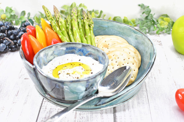 Chip Dip Ceramic Pottery Handmade Bowl, Sage Blue Black Snack Dish, Stoneware Charcuterie Party Serving Dining, Unique Housewarming Gift