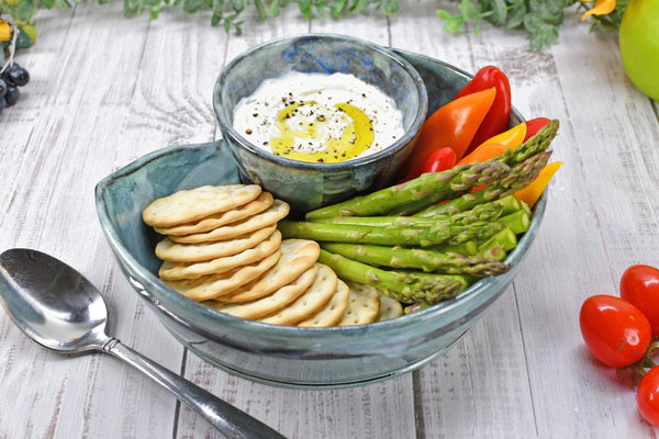 Chip Dip Ceramic Pottery Handmade Bowl, Sage Blue Black Snack Dish, Stoneware Charcuterie Party Serving Dining, Unique Housewarming Gift