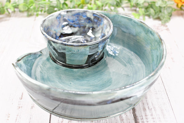 Chip Dip Ceramic Pottery Handmade Bowl, Sage Blue Black Snack Dish, Stoneware Charcuterie Party Serving Dining, Unique Housewarming Gift