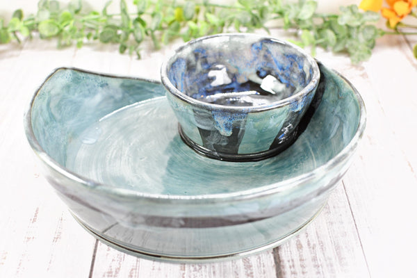 Chip Dip Ceramic Pottery Handmade Bowl, Sage Blue Black Snack Dish, Stoneware Charcuterie Party Serving Dining, Unique Housewarming Gift