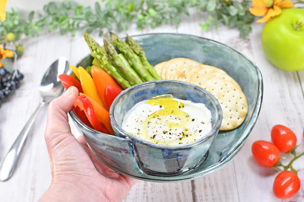 Chip Dip Ceramic Pottery Handmade Bowl, Sage Blue Black Snack Dish, Stoneware Charcuterie Party Serving Dining, Unique Housewarming Gift
