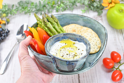 Chip Dip Ceramic Pottery Handmade Bowl, Sage Blue Black Snack Dish, Stoneware Charcuterie Party Serving Dining, Unique Housewarming Gift