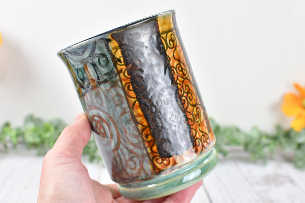 Ceramic Utensil Crock Small Handmade Pottery Mediterranean Flower Vase Stoneware Earthy Home Decor Bronze Black Paint Brush Holder BoHo