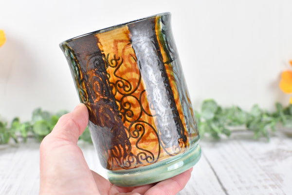 Ceramic Utensil Crock Small Handmade Pottery Mediterranean Flower Vase Stoneware Earthy Home Decor Bronze Black Paint Brush Holder BoHo