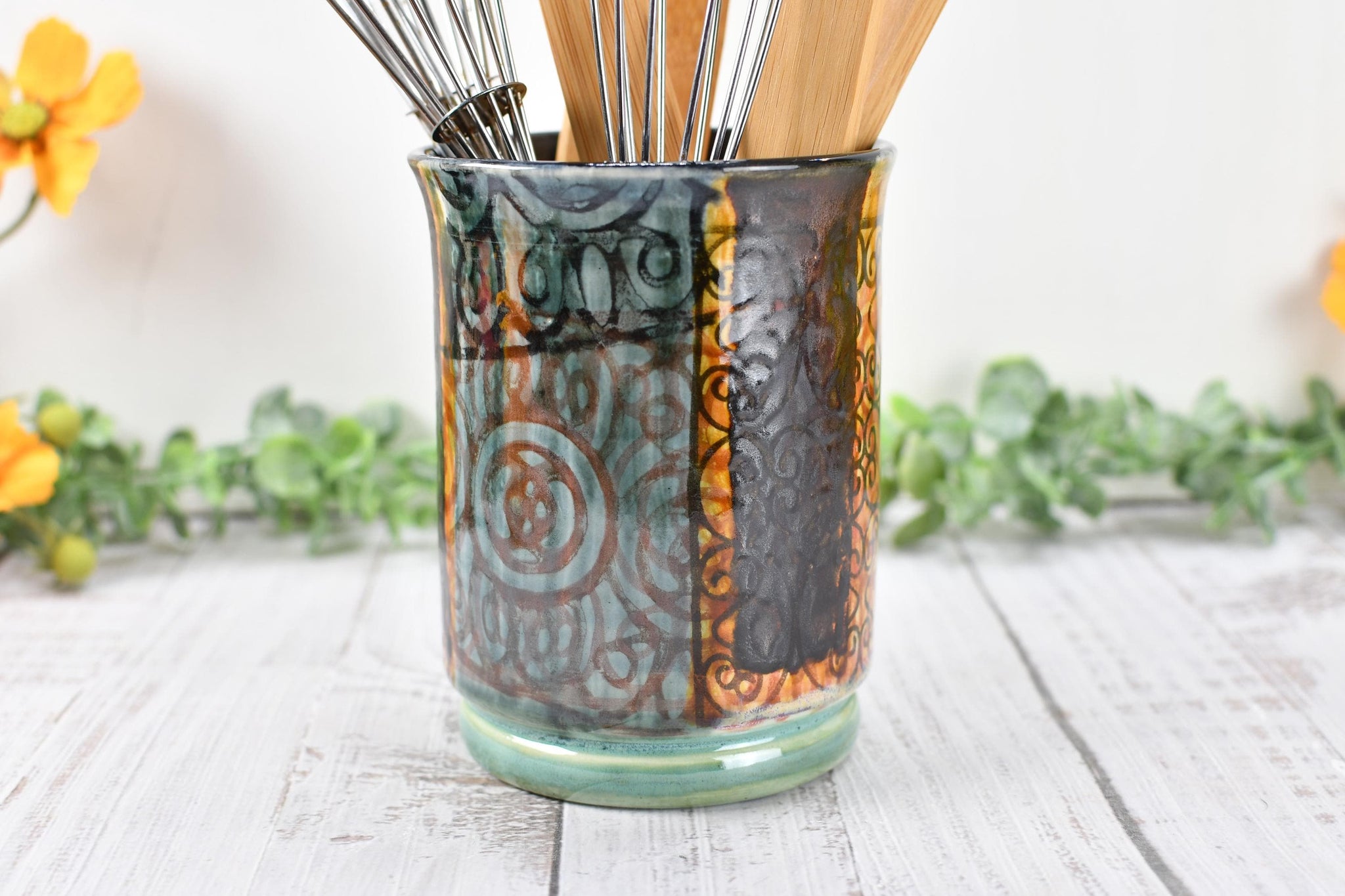 Ceramic Utensil Crock Small Handmade Pottery Mediterranean Flower Vase Stoneware Earthy Home Decor Bronze Black Paint Brush Holder BoHo