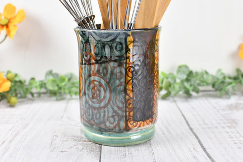 Ceramic Utensil Crock Small Handmade Pottery Mediterranean Flower Vase Stoneware Earthy Home Decor Bronze Black Paint Brush Holder BoHo