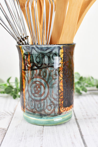 Ceramic Utensil Crock Small Handmade Pottery Mediterranean Flower Vase Stoneware Earthy Home Decor Bronze Black Paint Brush Holder BoHo