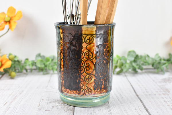 Ceramic Utensil Crock Small Handmade Pottery Mediterranean Flower Vase Stoneware Earthy Home Decor Bronze Black Paint Brush Holder BoHo