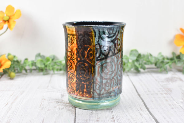 Ceramic Utensil Crock Small Handmade Pottery Mediterranean Flower Vase Stoneware Earthy Home Decor Bronze Black Paint Brush Holder BoHo