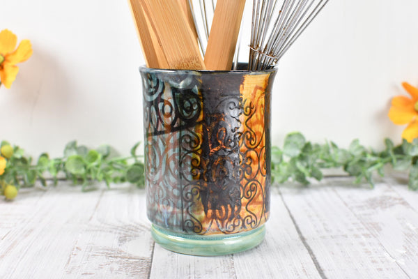 Ceramic Utensil Crock Small Handmade Pottery Mediterranean Flower Vase Stoneware Earthy Home Decor Bronze Black Paint Brush Holder BoHo