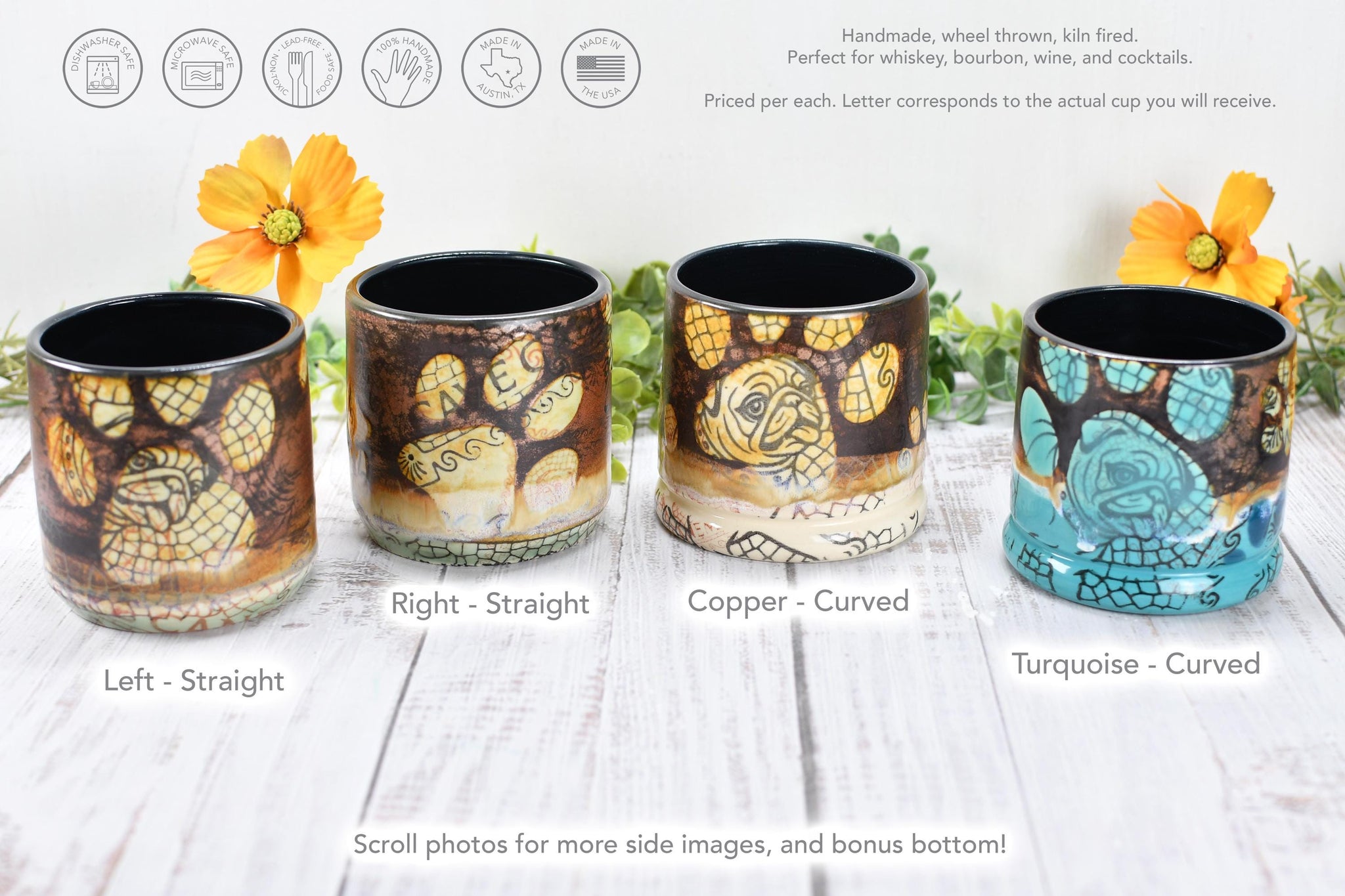 Copper Wine Cup Pug Dog Tumbler Pet Lover Bronze Handmade Ceramic Pottery Whiskey Bourbon Barware Paw Print Anniversary Birthday Gift 1 Each