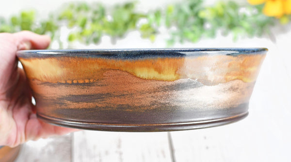 Chip and Dip Ceramic Bowl Set, Handmade Copper and Turquoise Patina Green Detached Snack Stoneware Pottery Party Serving Dishes