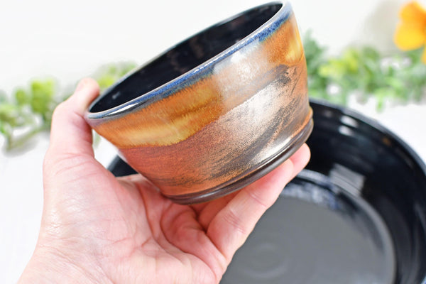 Chip and Dip Ceramic Bowl Set, Handmade Copper and Turquoise Patina Green Detached Snack Stoneware Pottery Party Serving Dishes