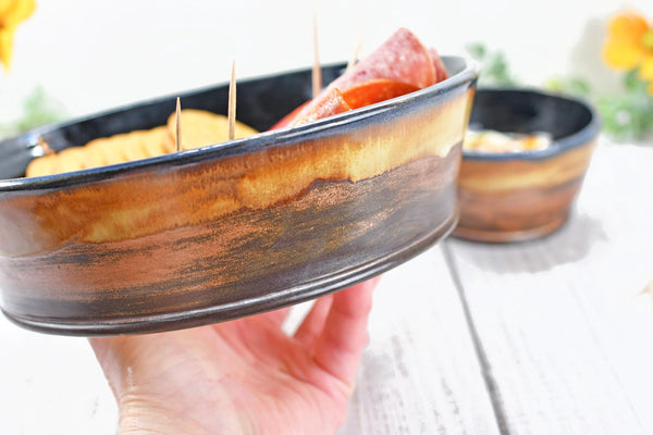 Chip and Dip Ceramic Bowl Set, Handmade Copper and Turquoise Patina Green Detached Snack Stoneware Pottery Party Serving Dishes