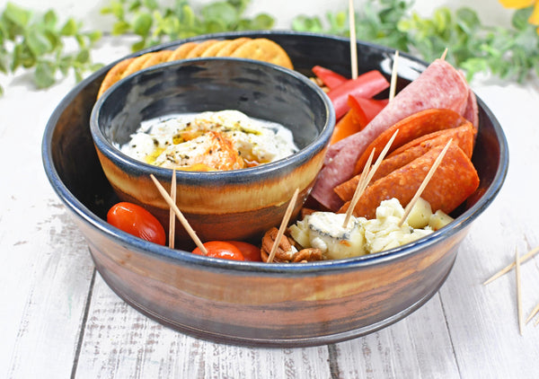 Chip and Dip Ceramic Bowl Set, Handmade Copper and Turquoise Patina Green Detached Snack Stoneware Pottery Party Serving Dishes