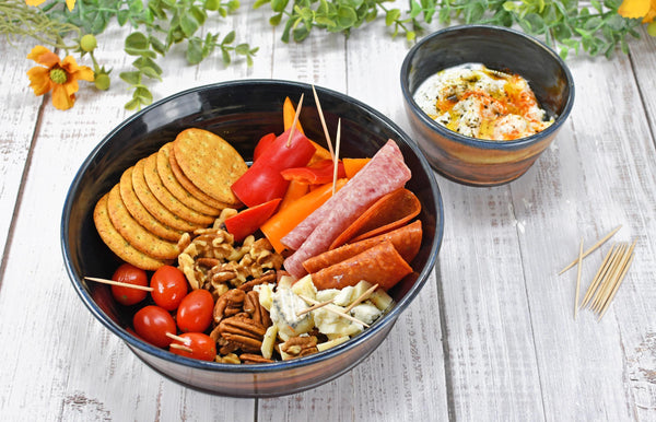 Chip and Dip Ceramic Bowl Set, Handmade Copper and Turquoise Patina Green Detached Snack Stoneware Pottery Party Serving Dishes