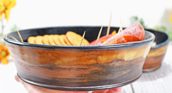 Chip and Dip Ceramic Bowl Set, Handmade Copper and Turquoise Patina Green Detached Snack Stoneware Pottery Party Serving Dishes