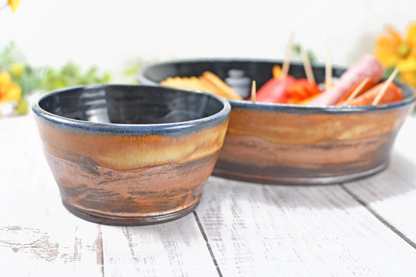 Chip and Dip Ceramic Bowl Set, Handmade Copper and Turquoise Patina Green Detached Snack Stoneware Pottery Party Serving Dishes