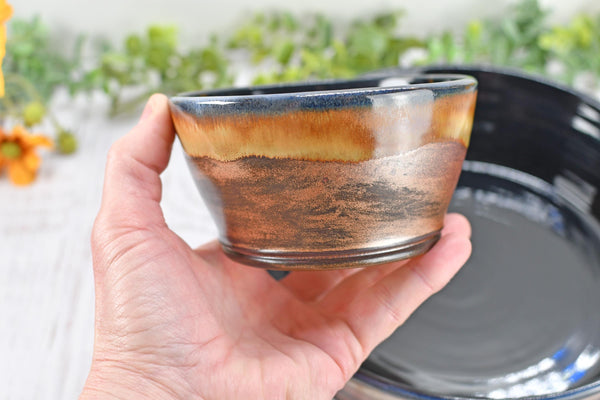 Chip and Dip Ceramic Bowl Set, Handmade Copper and Turquoise Patina Green Detached Snack Stoneware Pottery Party Serving Dishes