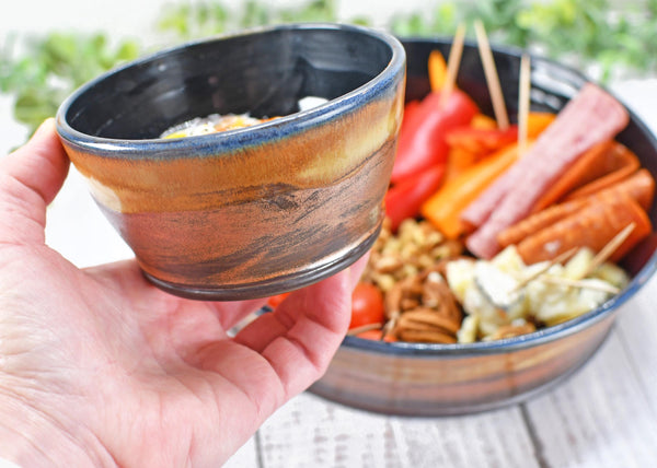 Chip and Dip Ceramic Bowl Set, Handmade Copper and Turquoise Patina Green Detached Snack Stoneware Pottery Party Serving Dishes