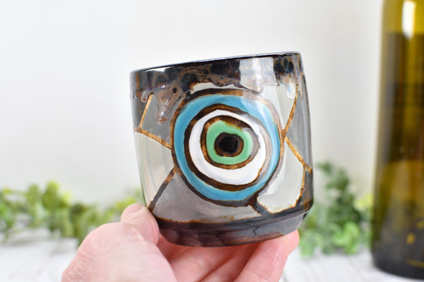 Evil Eye Ceramic Tumbler Whiskey Cup Coffee Tea Wine Handmade Pottery Hand Painted Stoneware Nazar Gift Spiritual Boho Blue White Black