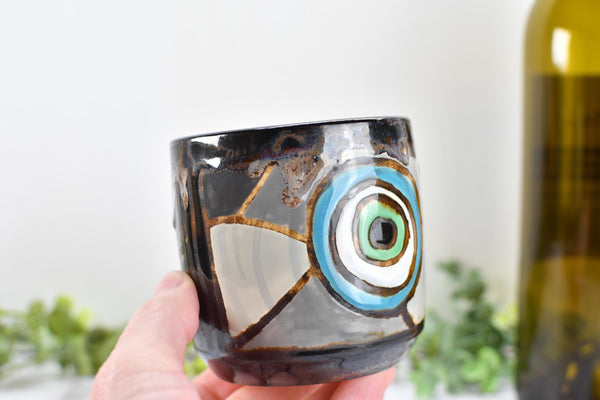 Evil Eye Ceramic Tumbler Whiskey Cup Coffee Tea Wine Handmade Pottery Hand Painted Stoneware Nazar Gift Spiritual Boho Blue White Black