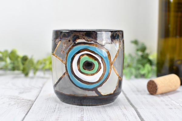 Evil Eye Ceramic Tumbler Whiskey Cup Coffee Tea Wine Handmade Pottery Hand Painted Stoneware Nazar Gift Spiritual Boho Blue White Black