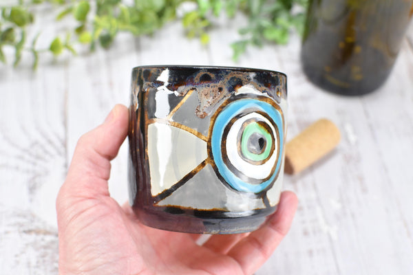 Evil Eye Ceramic Tumbler Whiskey Cup Coffee Tea Wine Handmade Pottery Hand Painted Stoneware Nazar Gift Spiritual Boho Blue White Black