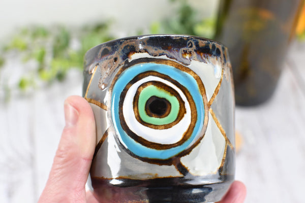 Evil Eye Ceramic Tumbler Whiskey Cup Coffee Tea Wine Handmade Pottery Hand Painted Stoneware Nazar Gift Spiritual Boho Blue White Black
