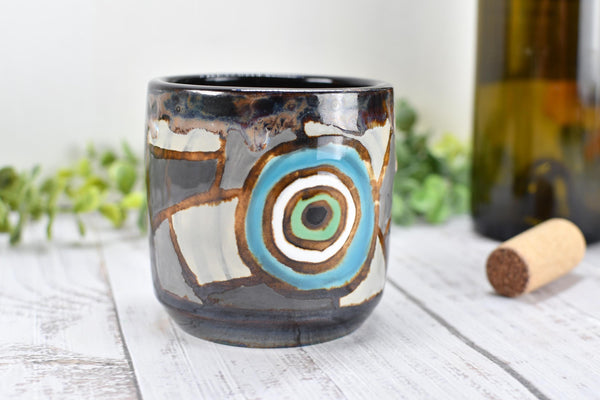 Evil Eye Ceramic Tumbler Whiskey Cup Coffee Tea Wine Handmade Pottery Hand Painted Stoneware Nazar Gift Spiritual Boho Blue White Black