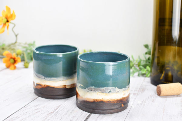 Bronze Whiskey Bourbon Tumbler, One Anniversary Handmade Ceramic Pottery Scotch Barware Gift, Groomsmen, Black, Turquoise Blue Green Cup
